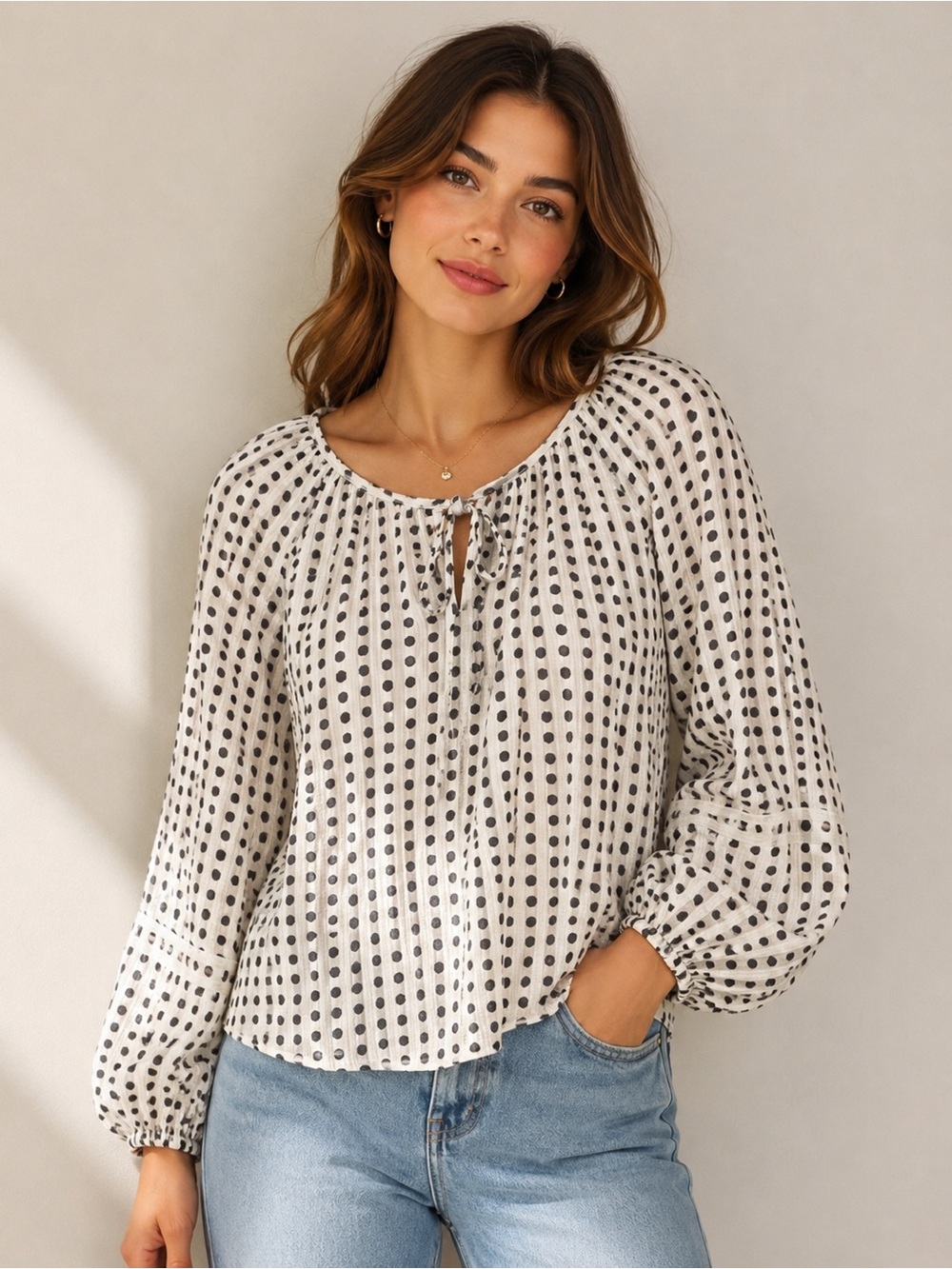 Boo Gemes Women’s Polka Dot Peasant Blouse - White‎ with Black Dots Sz Sm BOHO
